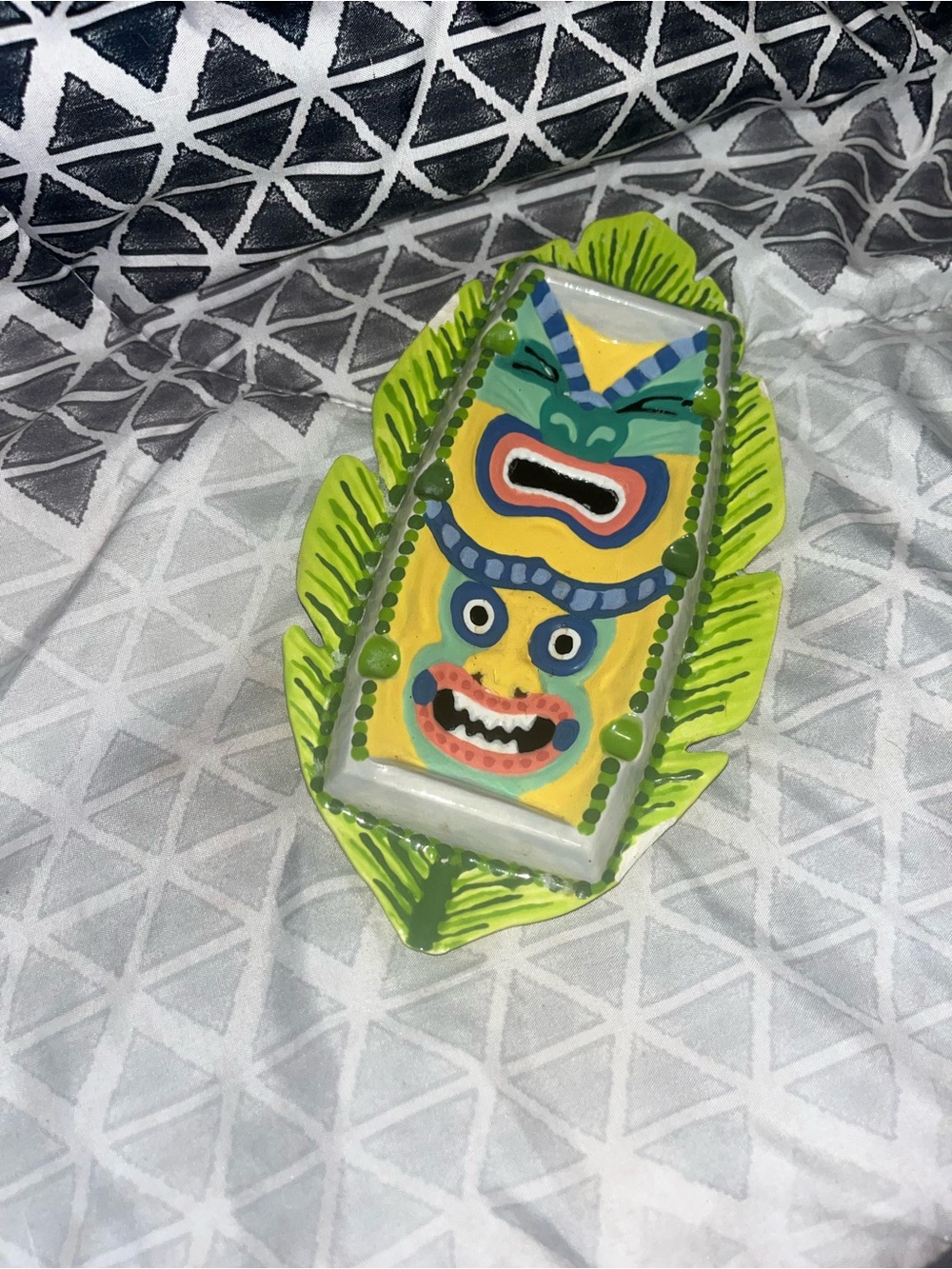 Hand glazed Green Leaf Trinket Dish with Colorful tiki Mask Design